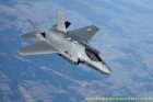 A US Air Force F-35 Lightning II aircraft departs from a KC-10 Extender aircraft after receiving fuel over Poland