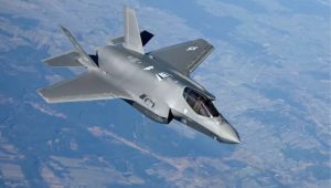 A US Air Force F-35 Lightning II aircraft departs from a KC-10 Extender aircraft after receiving fuel over Poland