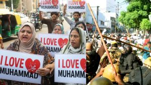 އިންޑިއާގެ އުއްތަރު ޕްރަދޭޝް ސްޓޭޓްގެ ވެރިރަށް ލަކްނޯގައި، ކީރިތި ނަބިއްޔާއަށް ލޯބިކުރާ ކަމަށް ލިޔެފައިވާ ޝިޔާރުތައް ހިފައިގެން ތިބި އަންހެނުންނާއި ފިރިހެނުންނަށް ފުލުހުން ލަޓިބުރިން ހަމަލާދެނީ