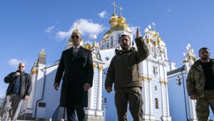 US President Joe Biden, centre left, walks with Ukrainian President Volodymyr Zelenskyy at St. Michael's Golden-Domed Cathedral during an unannounced visit, in Kyiv, Ukraine, Monday, Feb. 20, 2023. (AP Photo/Evan Vucci)