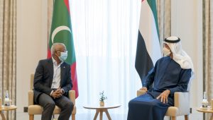 އަބޫދާބީގެ ވަލީއަޙުދު ޝައިޚް މުޙައްމަދު ބިން ޒައިދު އަލް ނަޙްޔާންއާ ރައީސުލްޖުމްހޫރިއްޔާ އިބްރާހީމް މުޙައްމަދު ޞާލިޙް ބައްދަލުކުރައްވަނީ -ފޮޓޯ: ރައީސް އޮފީސް